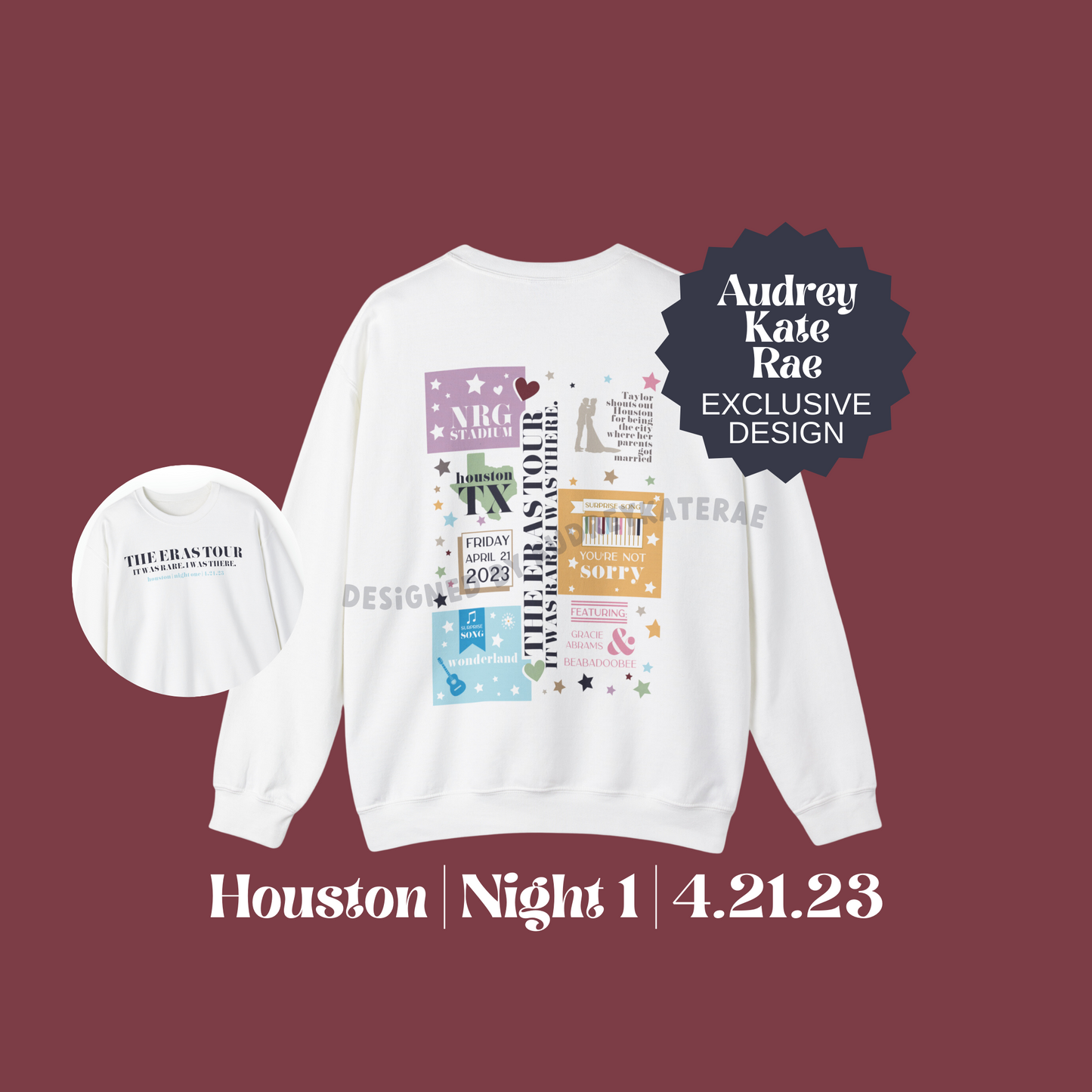 Eras Houston, TX Night 1, 4-21-23 Colorful Custom Eras Tour Crewneck, Gildan