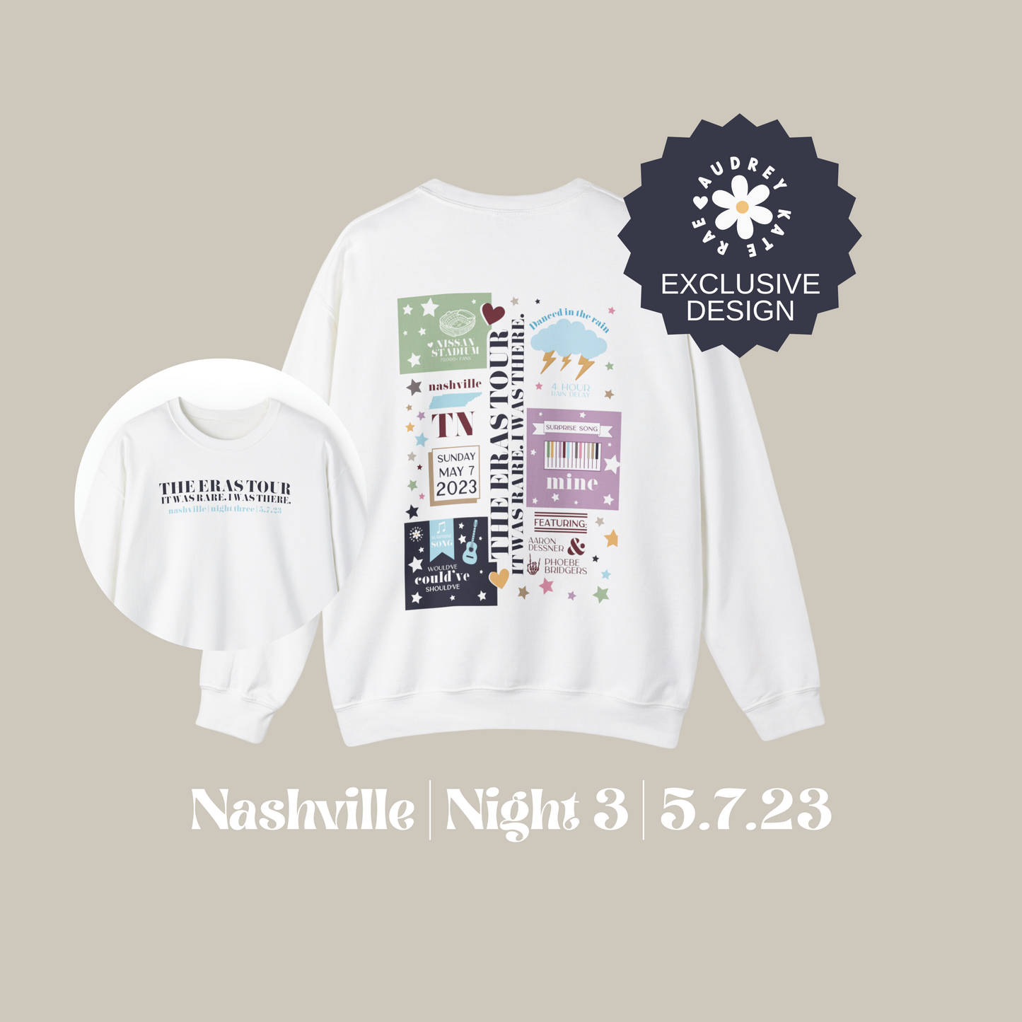 Eras Nashville, TN Night 3, 5-7-23 Colorful Custom Eras Tour Crewneck, Gildan